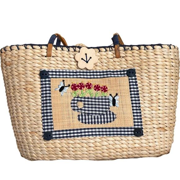 Breckenridge Straw Tote Bag Purse Blonde Wicker Picnic Blue Check Teacup Bee - Picture 2 of 10